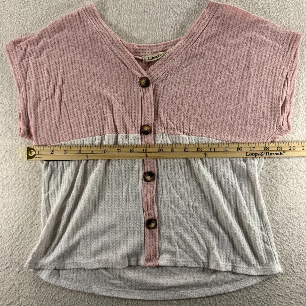 Liberty Love Waffle Knit Top Womens L Pink White Good Colorblock Button Front